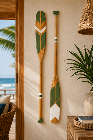 Kit 2 Remos Verde e Branco 100 cm Decoração Náutica Praia