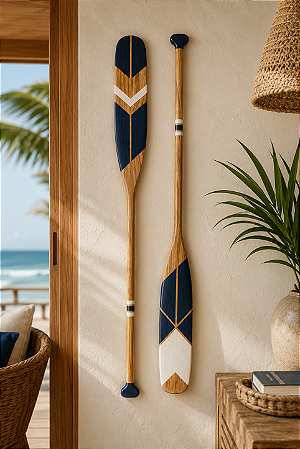 Kit 2 Remos Azul Marinho e Branco 130 cm Decoração Náutica Praia