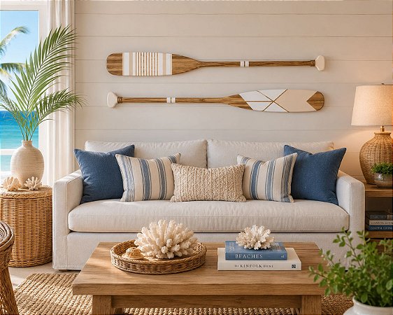 Kit 2 Remos Bege e Branco Listrado 130 cm Decoração Náutica Praia