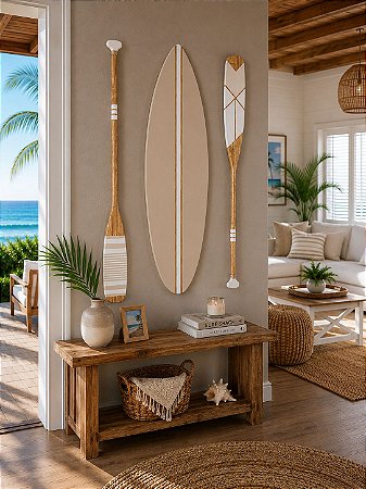 Decoração Praia Kit 1 Prancha + 2 Remos Bege de 130cm em Madeira