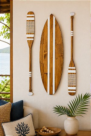 Kit 1 Prancha + 2 Remos de 100 cm Listrados em Madeira Decoração Náutica Praia