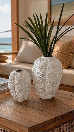Kit 2 Vasos Decorativos Brancos Conchas em Cerâmica