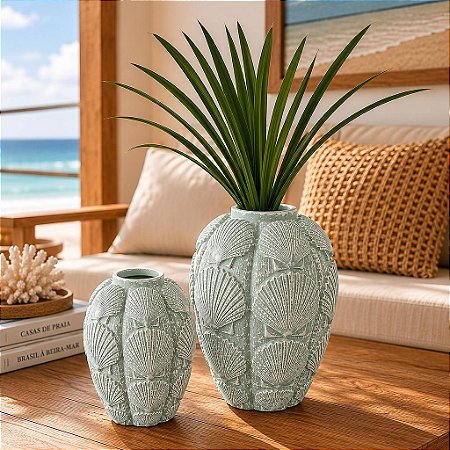 Kit 2 Vasos Decorativos Verde Claro Conchas em Cerâmica