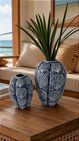 Kit 2 Vasos Decorativos Azul Escuro Conchas em Cerâmica