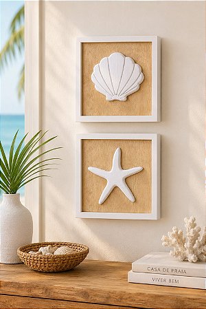 Kit 2 Quadros Náuticos Estrela e Concha Brancos em Madeira 25x25x3 cm