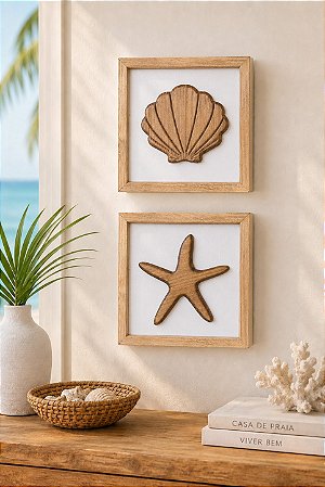 Kit 2 Quadros Náuticos Estrela e Concha Marrom em Madeira 25x25x3 cm
