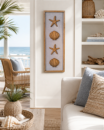 Quadro Vertical Náutico com Linho Conchas e Estrelas 100x35cm