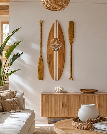 Kit 1 Prancha Concha + 2 Remos de 100 cm Marrom em Madeira Decoração Náutica Praia