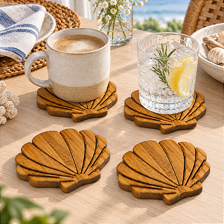 Kit 4 Porta Copos Decorativos Náuticos Conchas Marrom em Madeira
