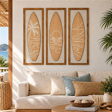 Kit 3 Quadros com Linho Pranchas Marrom e Branco 100x35cm