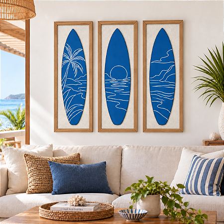 Kit 3 Quadros com Linho Pranchas Azul e Branco 100x35cm