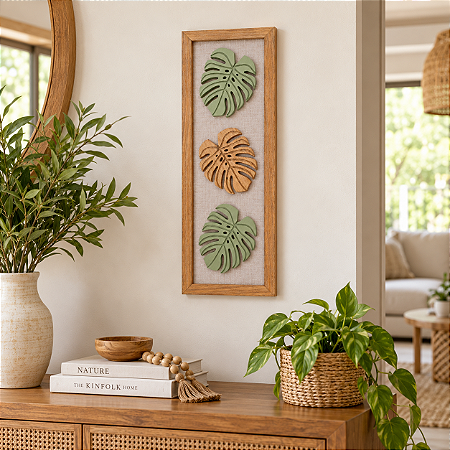Quadro Decorativo Folhas 59x21 cm em Madeira e Linho