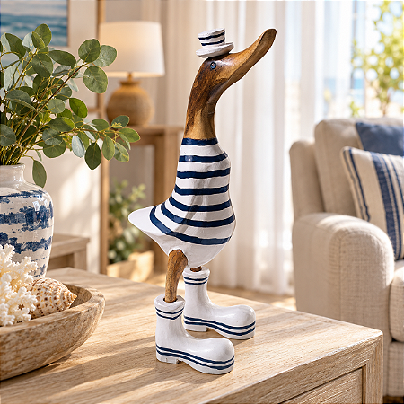 Enfeite Pato Marrom, Branco e Azul Marinho com Botas 32 cm