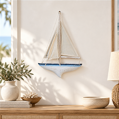 Enfeite Veleiro Azul e Branco 42 cm Decoração Náutica de Parede