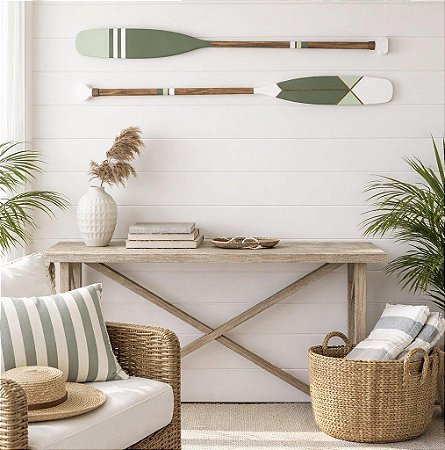 Kit 2 Remos Decorativos Ponta Branca e Verde 100 cm Decoração Náutica Praia