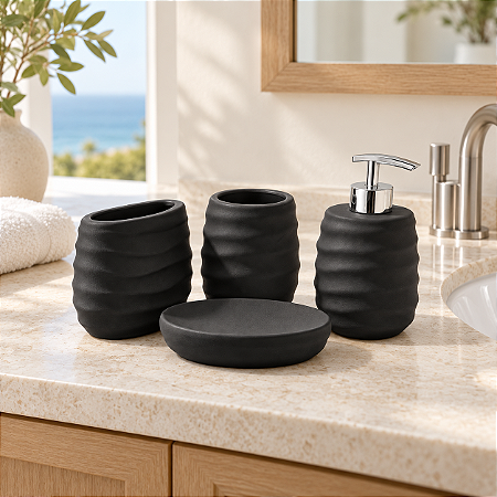 Kit de Banheiro de Cerâmica 4 Peças Ondas Preto Porta Sabonete Líquido /Saboneteira/Porta Escova/Porta algodão