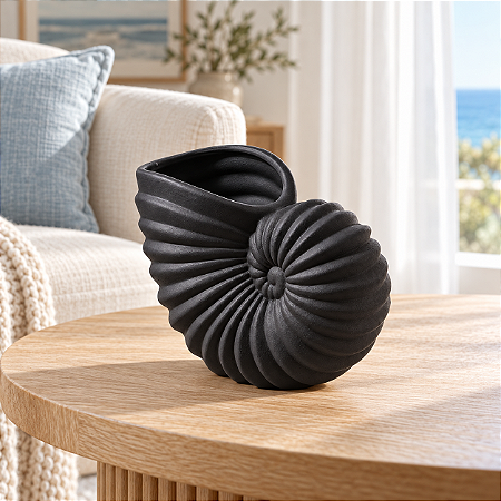 Vaso Decorativo Nautilus Preto em Cerâmica