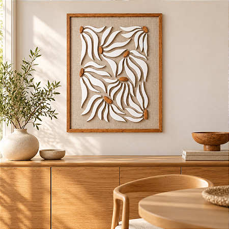 Quadro Margaridas em Alto Relevo 64x52 cm em Madeira e Linho