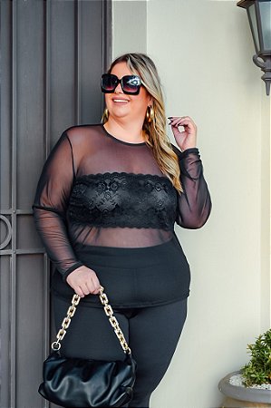 BLUSA TULE COM DETALHES EM RENDA - PLUS SIZE