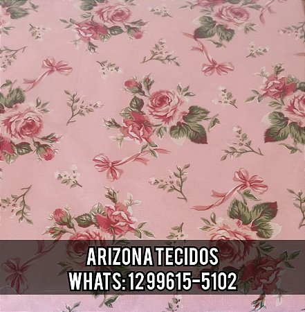 Tecidos Caldeira - Tricoline Estampado Floral Fiore Cor - 05 (Salmão) - Flores Rosa - 180621