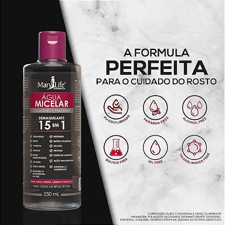Água Micelar Colágeno e Pantenol - Demaquilante 15 em 1 - 260mL - Mary Life  - Empório Aruna