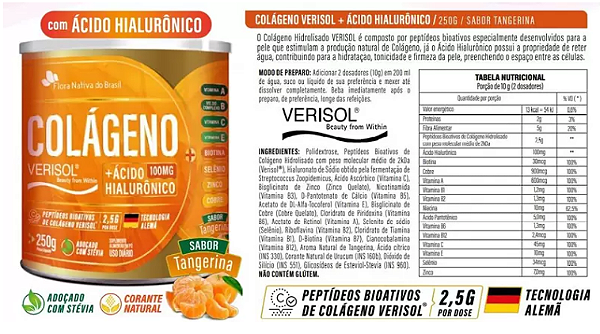 Colágeno + Acido Hialurônico 250g Tangerina - Flora Nativa do Brasil
