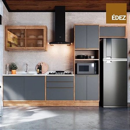 COZINHA COMPLETA MODULAR - ÉDEZ UNE - 9 PORTAS, 3 GAVETAS - TAMPO GRAFITE - 100% MDF