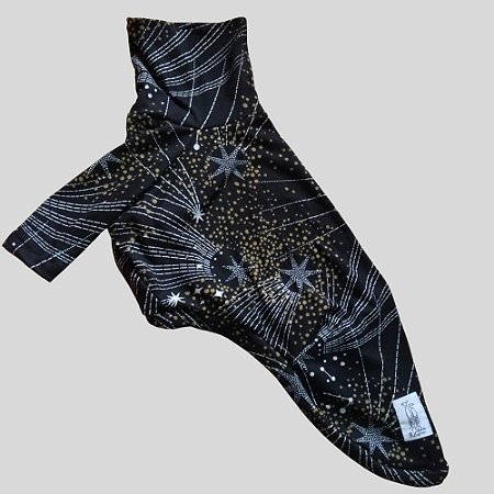 CAMISETA DE GALGO ANO NOVO PRETA ESTRELA BRANCA E POA DOURADO