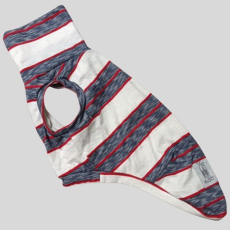 REGATA DE GALGO ALGODY COOL BRANCO JEANS E VERMELHO