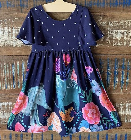 Vestido Coleção -Índia - elefante azul marinho