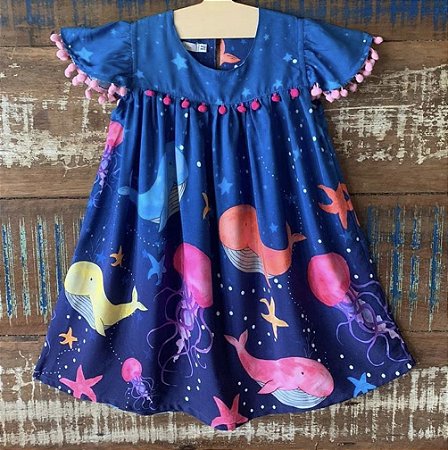 Vestido Baleias - Coleção Fundo do Mar - azul