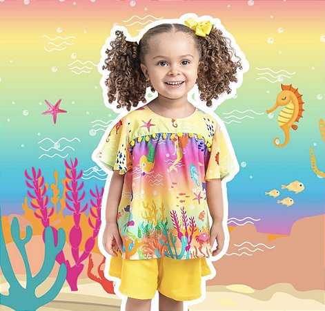 Conjunto  Sereia  short  amarelo - Coleção Fundo do Mar