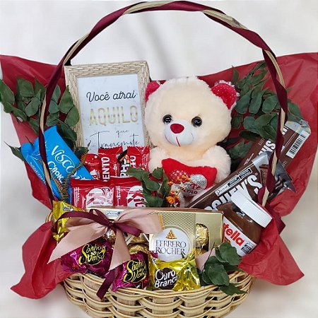 Cesta Chocolates Exagero de Carinho Urso e Porta Retrato cod C 061