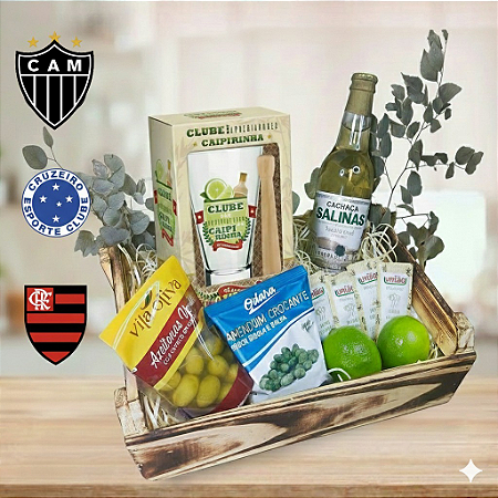 Cesta Bebida Cachaça e Kit Caipirinha com petiscos cod C 025