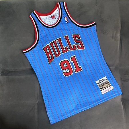 Camisa de Basquete Chicago Bulls Azul Bordado Denso Especial Hardwood Classics M&N - 91 Dennis Rodman