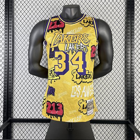 Camisa de Basquete Los Angeles Lakers Especial Grafiti 1996-97 Hardwood Classics M&N (Prensado a Quente) - 34 Shaquille O'Neal