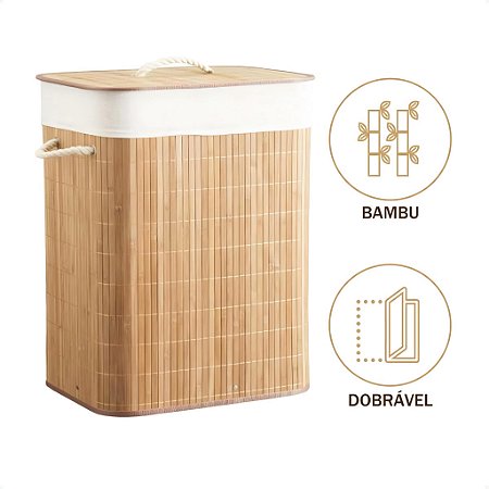 Cesto De Bambu Retangular 72L Com Tampa Forrado B-Max BM-F1102