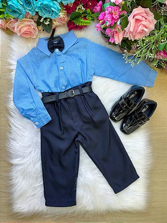 Conjunto Masculino Miss Cherry Social Azul Linho Com Calça Preto Henrique