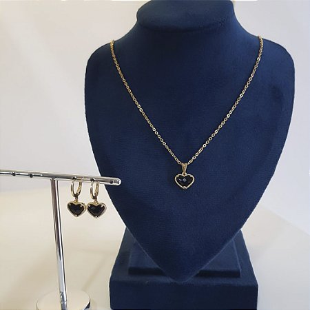 CONJUNTO CORAÇÃO PRETO BANHADO OURO 18K