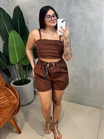 Conjunto em Alfaiataria Cropped de Alça e Shorts com Cinto Anieli Ref. 1743 Tama