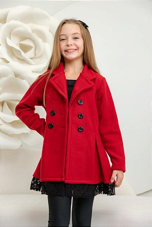 Casaco Sobretudo Infantil Soft Renda Barra Vermelho Botão