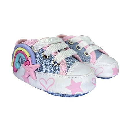 Tênis de bebê menina Starzinho Arco Íris e Estrelinha (Jeans) Tamanho:18;Cor:Jea