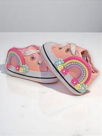 Tênis de bebê menina Starzinho Arco Íris e Estrelinha (Jeans) Tamanho:16;Cor:Ros
