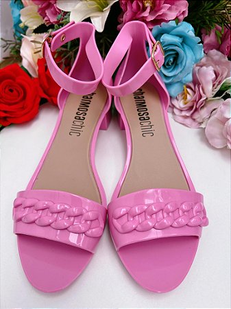 Sandália Salto Baixo Corrente Adulto Rosa Chiclete Luxo