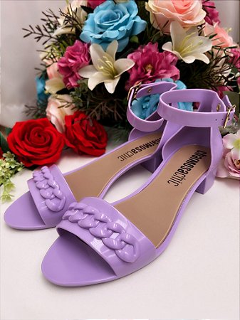 Sandália Salto Baixo Corrente Adulto Lilás Luxo