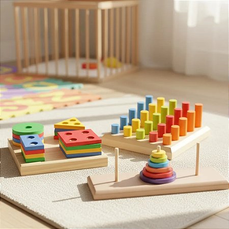 Kit 3 Brinquedos Educativo Infantil em Madeira e EVA Pedagógico Lúdico