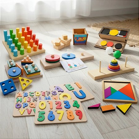 Kit 10 Brinquedos Educativo Infantil em Madeira e EVA Pedagógico Lúdico