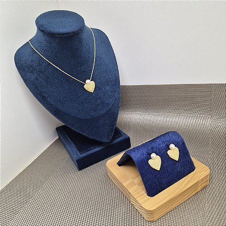 CONJUNTO CORAÇÃO COM PÉROLA BANHADO OURO 18K