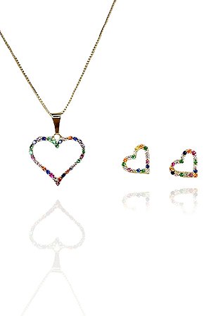 Conjunto Corações com Zircônia Colorida Banhado em Ouro 18k