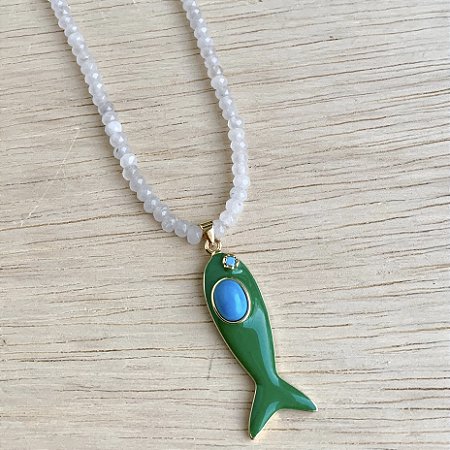 COLAR PEDRA JADE PEIXE VINTAGE